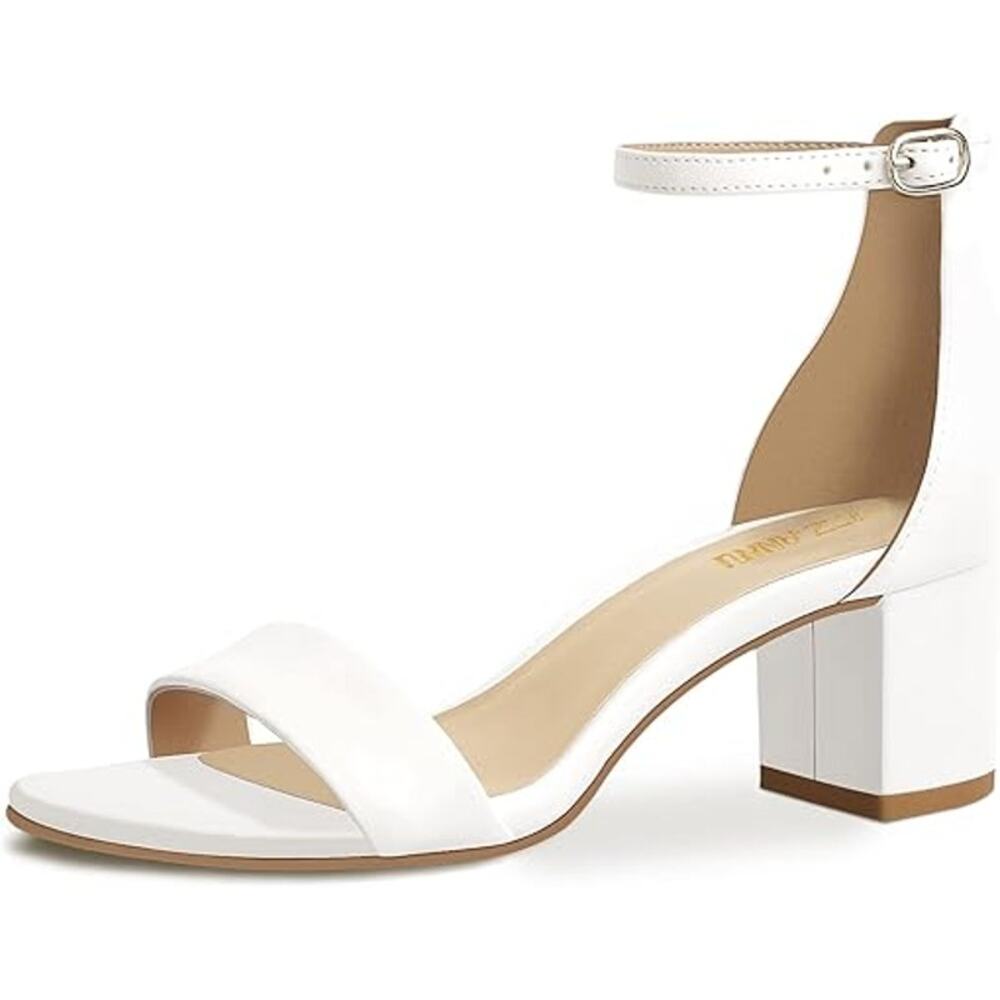 New Pizz Annu Womens 8 White Open Toe Ankle Strap 2" Block Heels Sandal Shoes